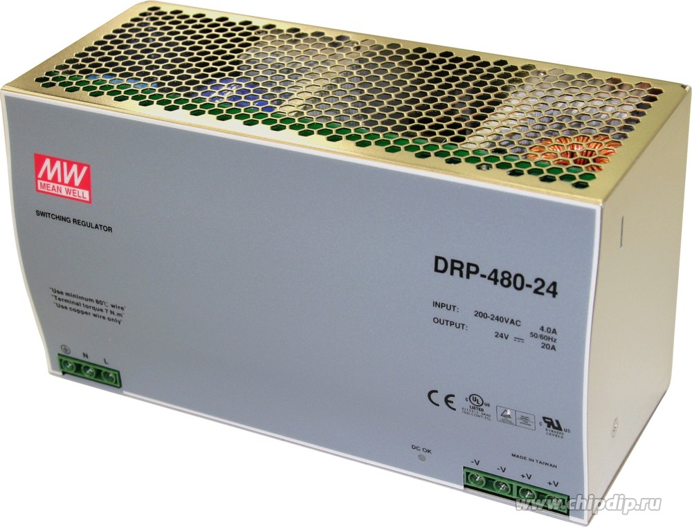 DRP-480-24 AC/DC преобразователь: на DIN рейку; 480 Вт; выход 24В 20А MEAN WELL
